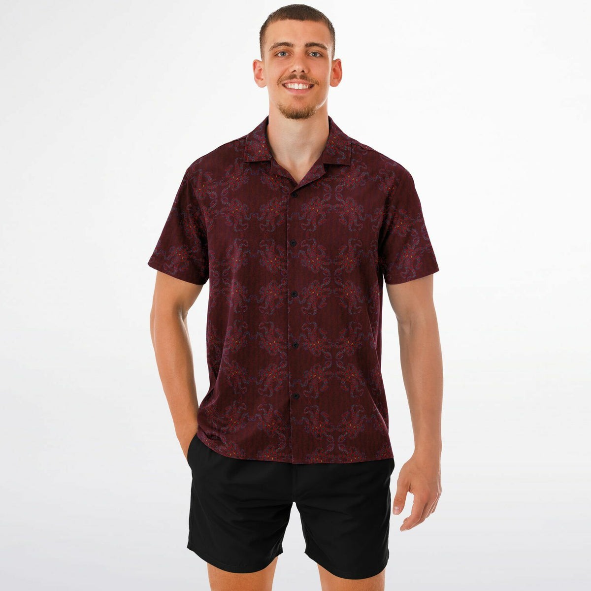 Spread Collar Short Sleeve Button-Down Shirt - AOP