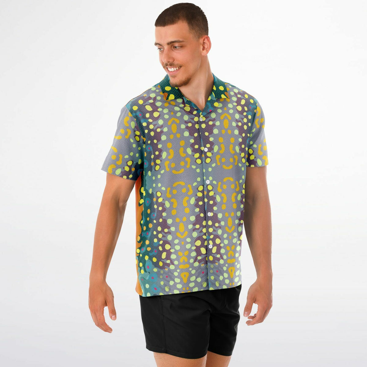 Spread Collar Short Sleeve Button-Down Shirt - AOP