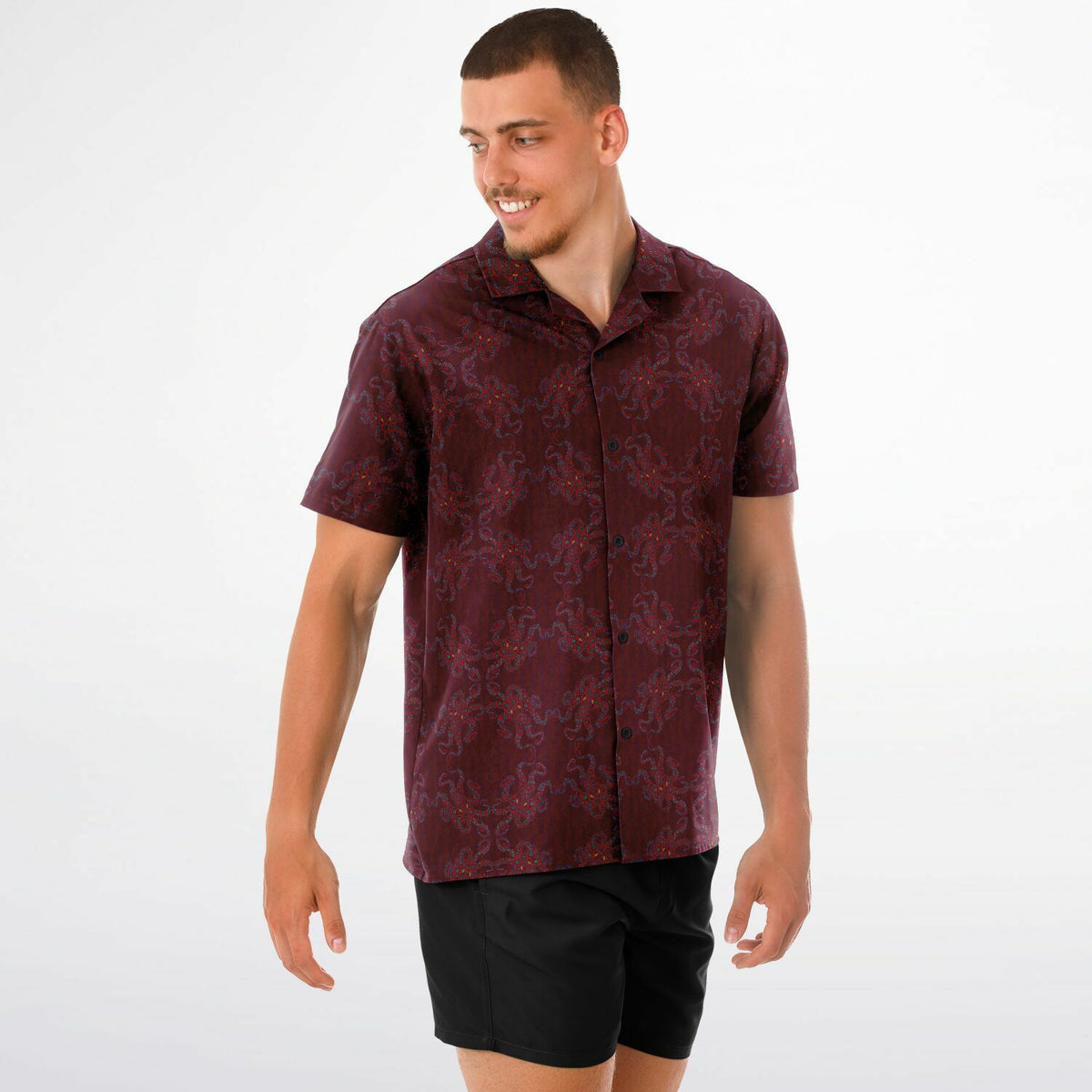 Spread Collar Short Sleeve Button-Down Shirt - AOP