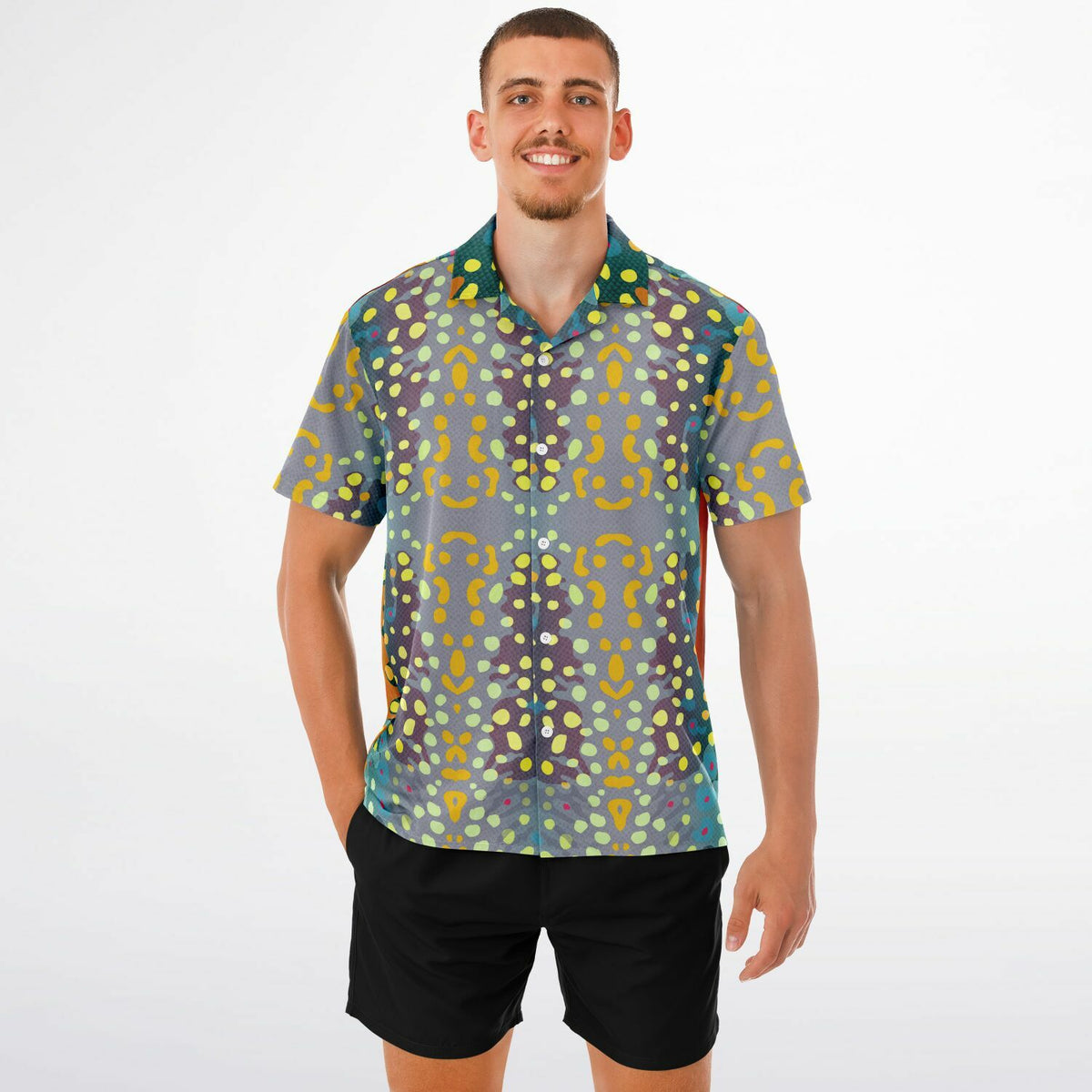 Spread Collar Short Sleeve Button-Down Shirt - AOP